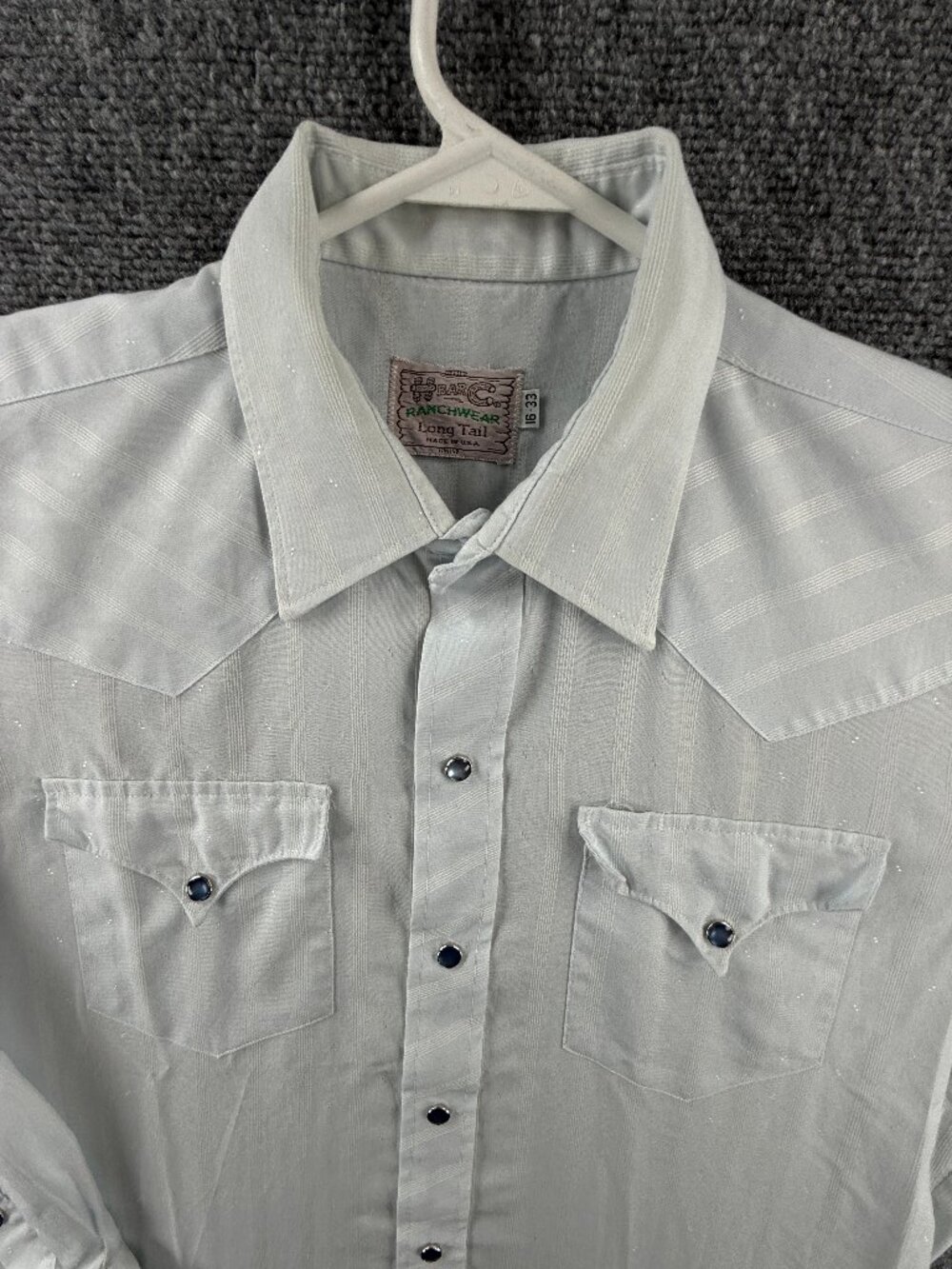 VTG H Bar C Pearl Snap Up 16 33 Striped USA Blue Long Sleeve Mens Shirt Western